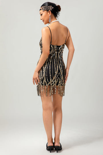 Sparkly Black Golden Sequins Gatsby Bodycon Short 1920s Dress